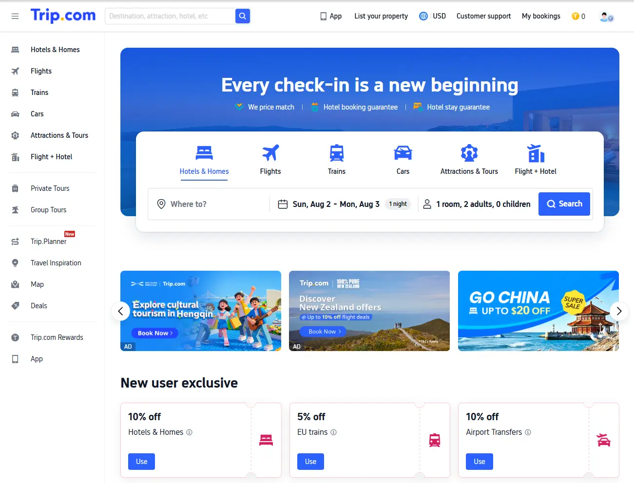Trip.com homepage — book hotels, flights, trains, cars, and attractions